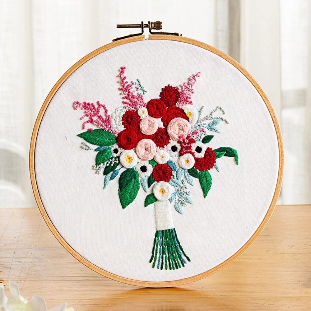 Red Pink Flowers Embroidery Kit Beginner Craft DIY